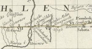 Ausschnitt aus der Polnischen Reiskarte (Homann 1751) mit falscher Lokalisation der Stadt Uniejów